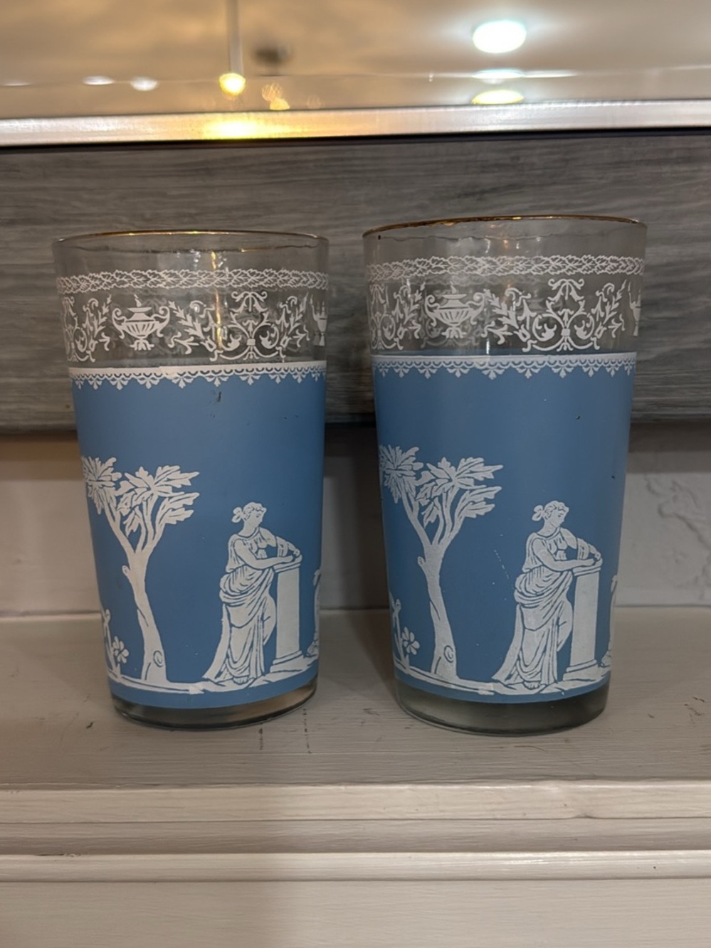 Vintage Blue and White Classical Motif Glass Vases - Pair
